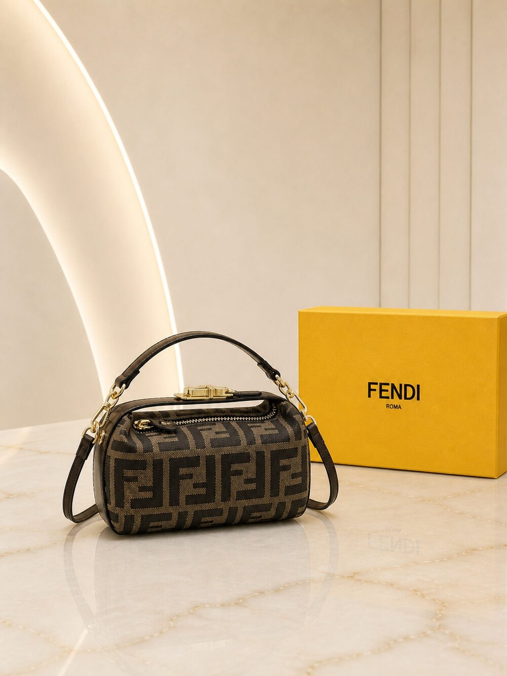 Fendi Mini Roll Carryall in Brown Jacquard with Calfskin Details - Picture 2 of 5